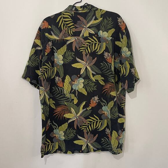 Tommy Bahama Button Down 100% Silk Shirt Mens Large Black Green Tropical Floral - Picture 2 of 10